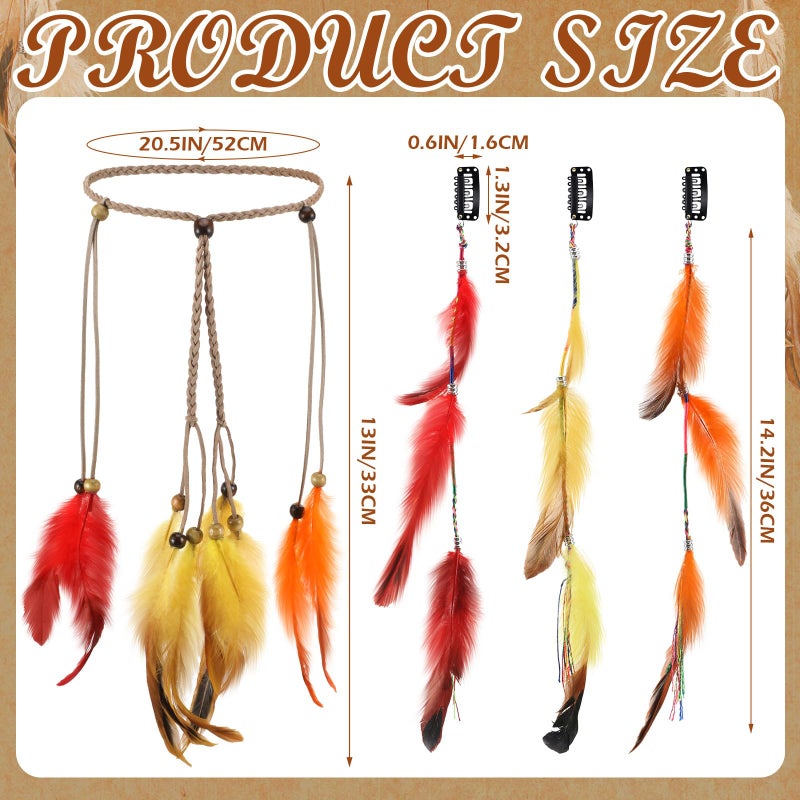 XunYee 3 Pack Feather Hair Clips 1 Boho Feather Headband Hippie Hair Extension with Clip Comb Set for Women Costume(Orange,Classic Style) - Image 3